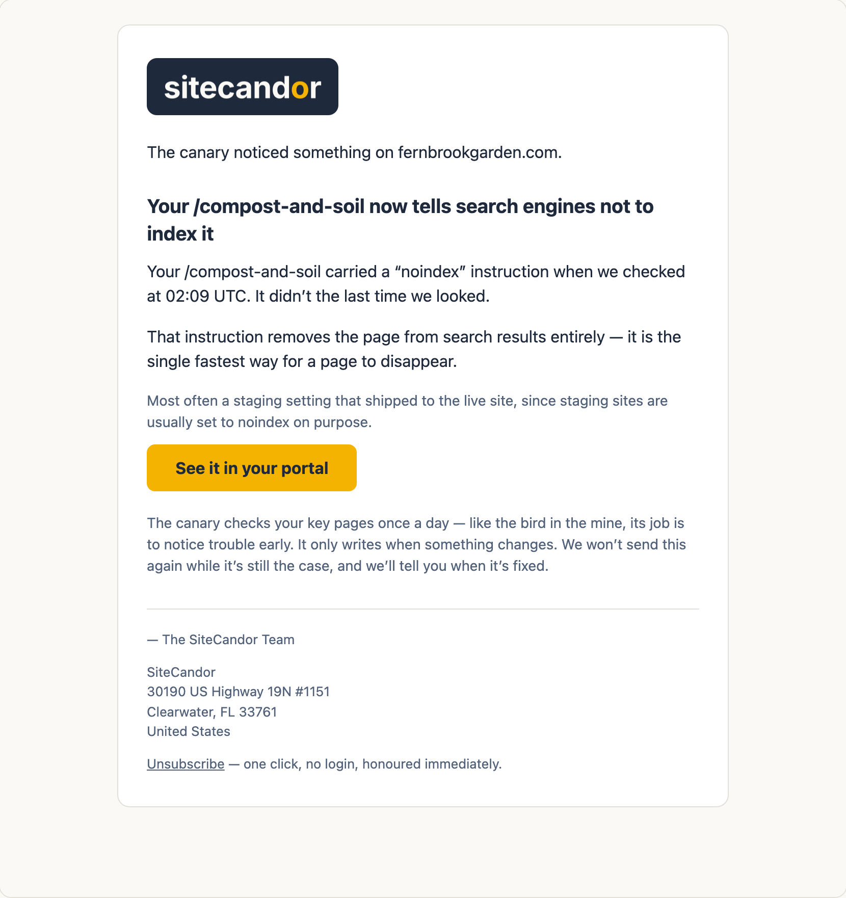 The alert email a subscriber receives: a page on their site started telling search engines not to index it overnight, what that costs them, and the likeliest cause — a staging setting that shipped to the live site.