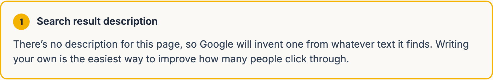 The first fix on a garden centre's report: the page has no search-result description, so Google will invent one, with the reason written out in plain English underneath.